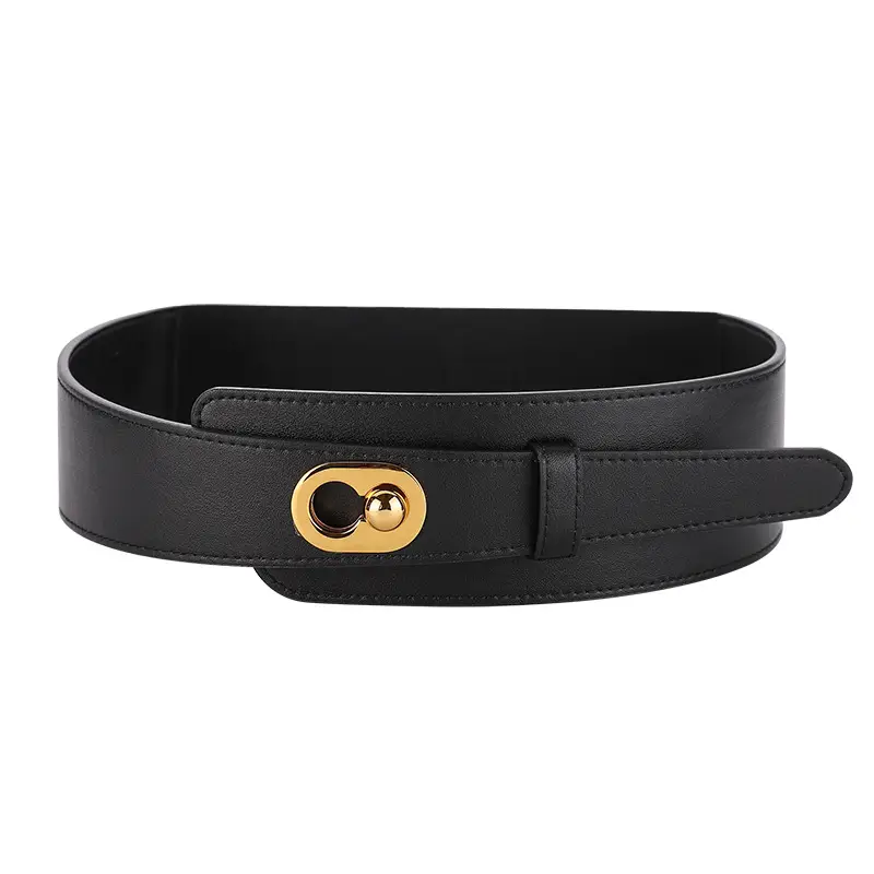 Women's Brown Genuine Leather Wide Belt with Gold Clasp