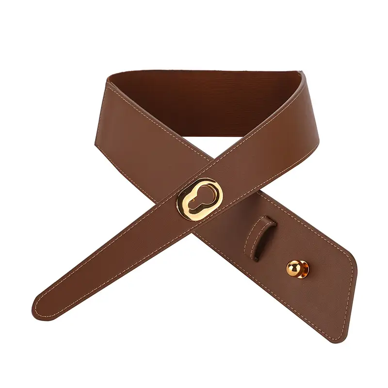 Women's Brown Genuine Leather Wide Belt with Gold Clasp