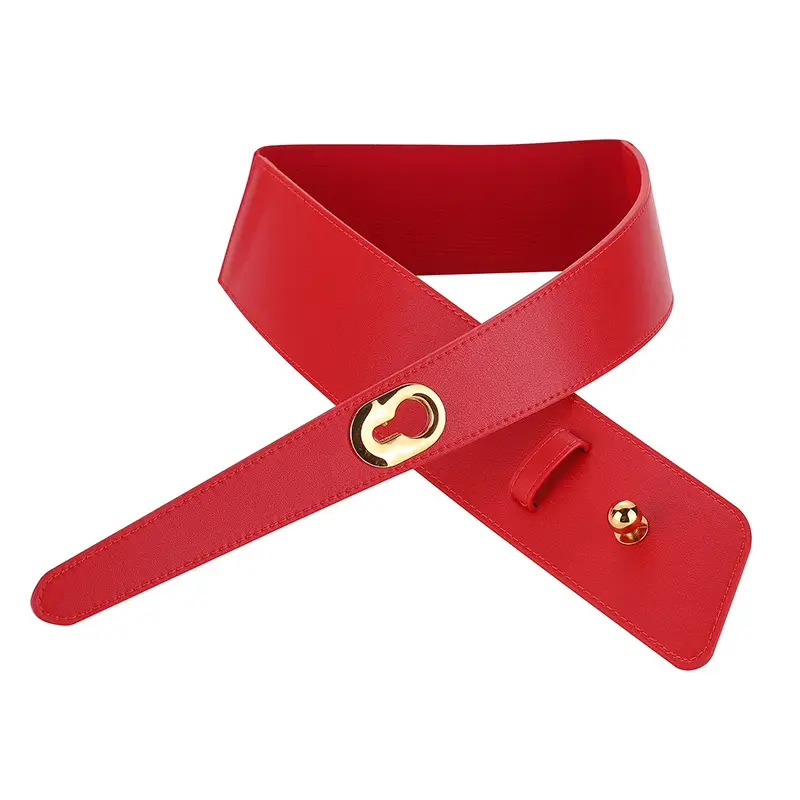 Women's Brown Genuine Leather Wide Belt with Gold Clasp