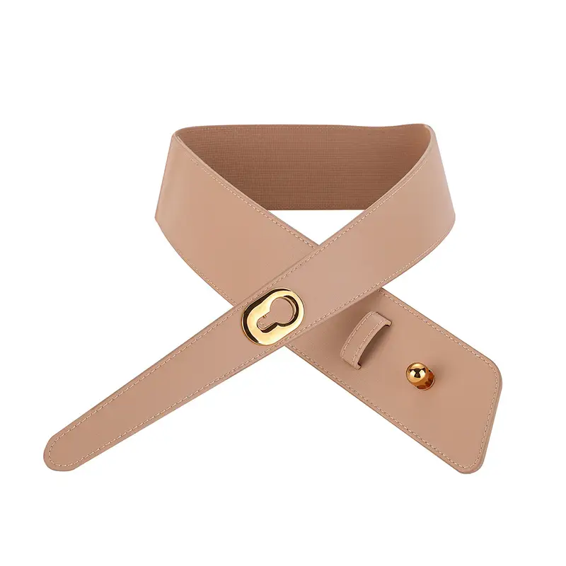 Women's Brown Genuine Leather Wide Belt with Gold Clasp