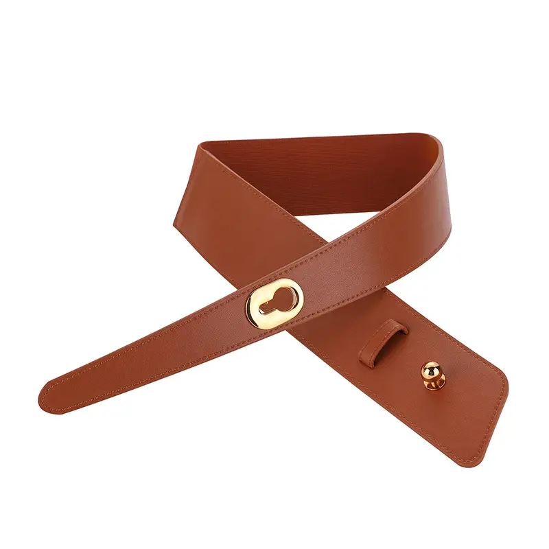 Women's Brown Genuine Leather Wide Belt with Gold Clasp