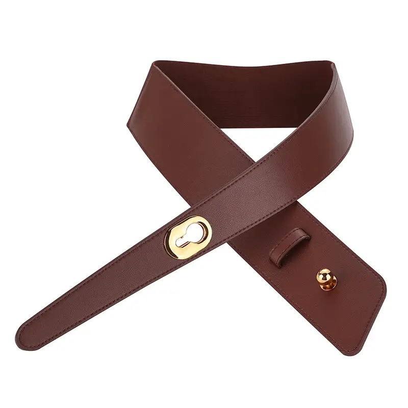 Women's Brown Genuine Leather Wide Belt with Gold Clasp