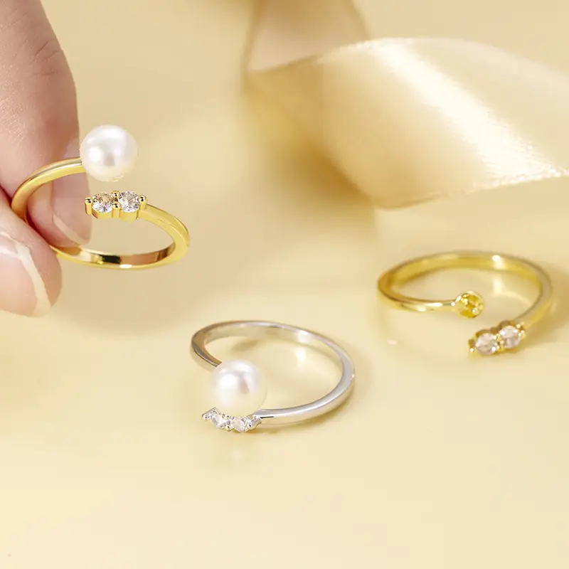 Open Zircon Pearl Ring for Women Gold Plated - Image 3