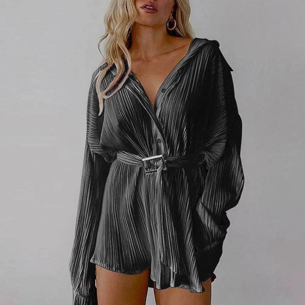 Black Pleated V-Neck Long Sleeve Women's Shirt - Image 7