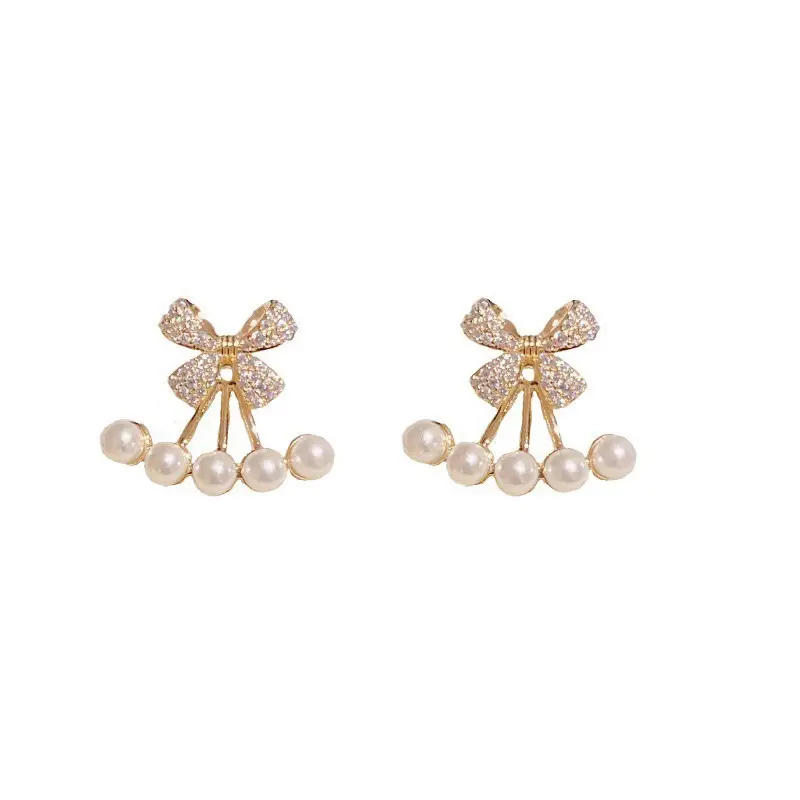 French Style Crystal Pearl Bow Earrings for Women - Image 6