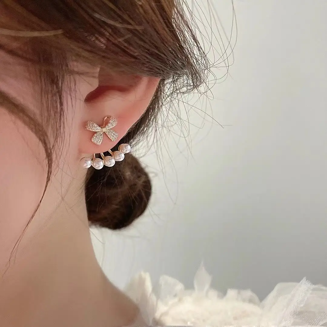 French Style Crystal Pearl Bow Earrings for Women — feature 5