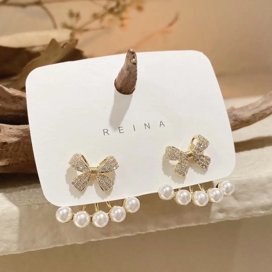 French Style Crystal Pearl Bow Earrings for Women — feature 6