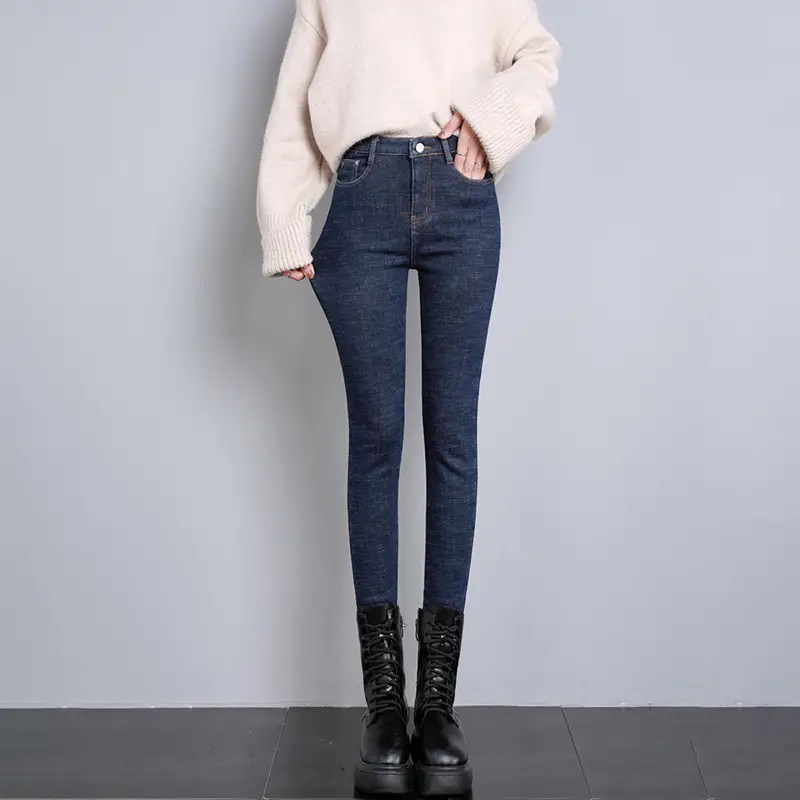 Dark Blue Fleece High Waist Slimming Jeans Women 2023 Winter