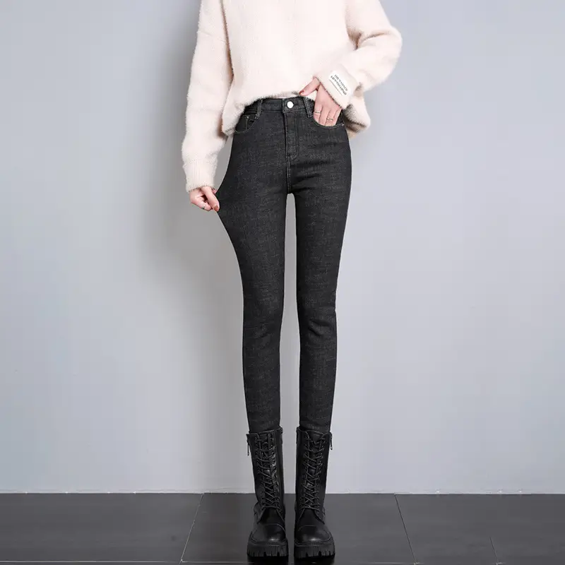 Dark Blue Fleece High Waist Slimming Jeans Women 2023 Winter