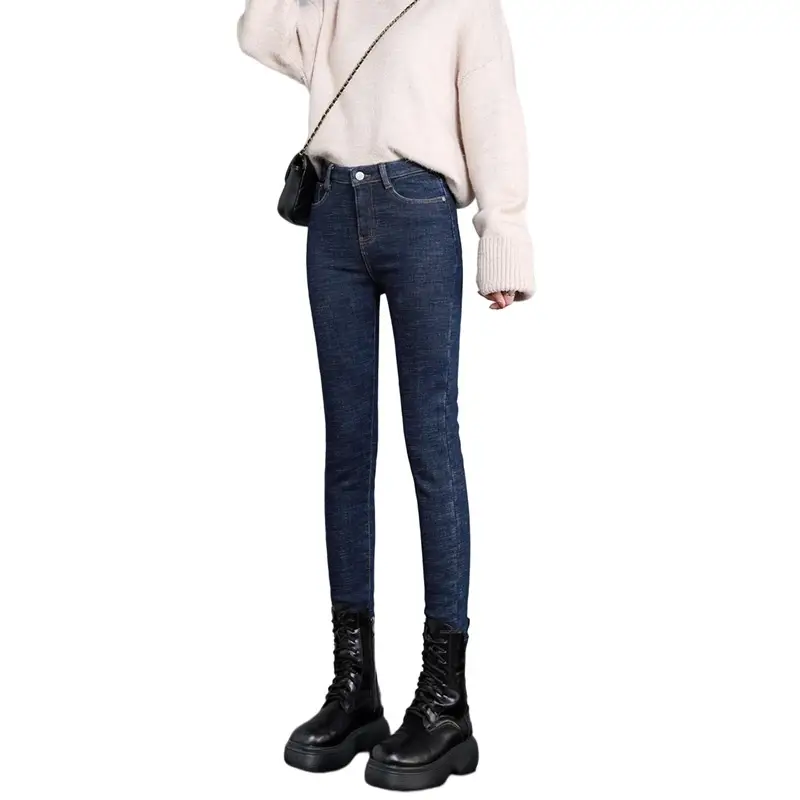 Dark Blue Fleece High Waist Slimming Jeans Women 2023 Winter