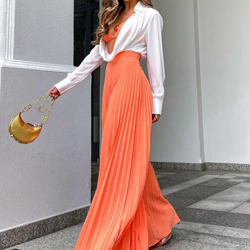 Orange Pleated Long Pants Set for Women 2025 - Image 3