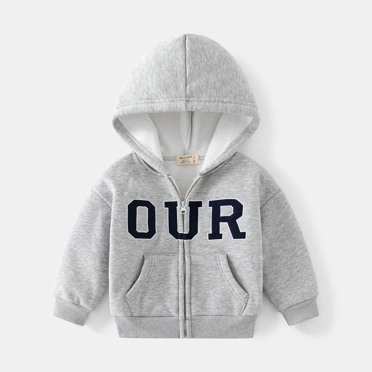 Gray Boys Fleece Hoodie with "OUR" Print - Image 2