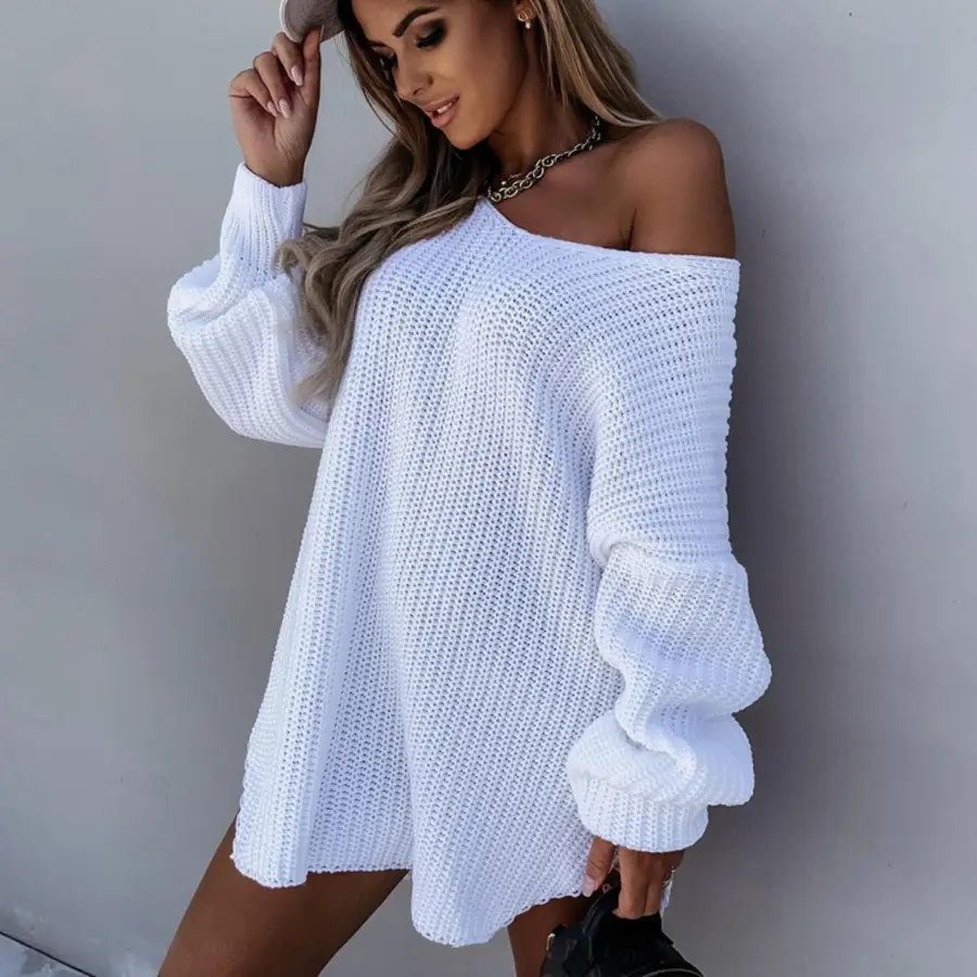 Women's White Knit Pullover Sweater with Side Slit - Image 4