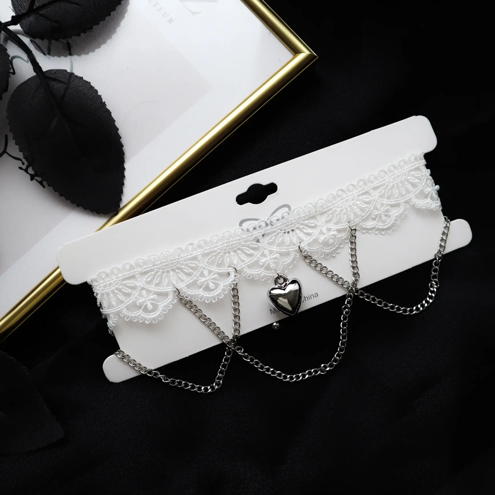 White Lace Choker with Heart Tassel for Women