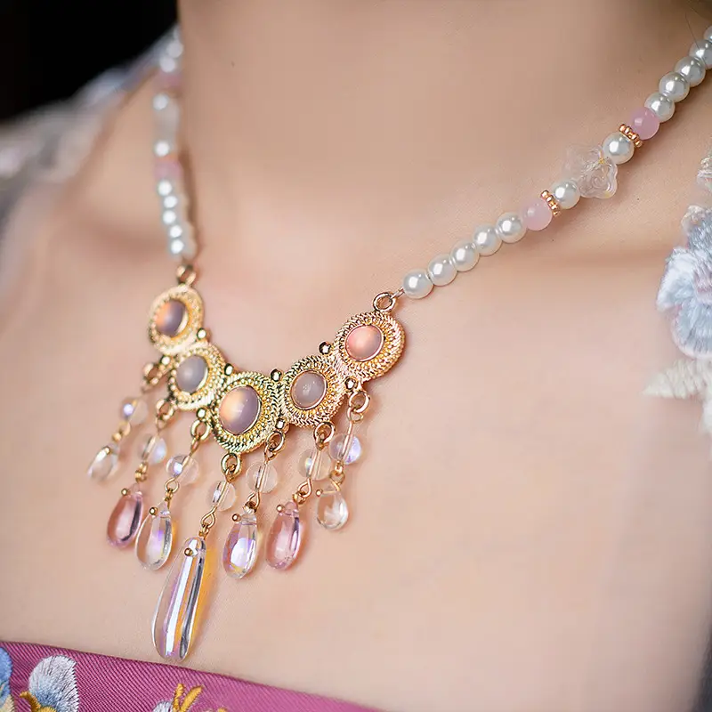 Antique Ming Style Tane Collar Necklace with Pearls & Crystal Dangles