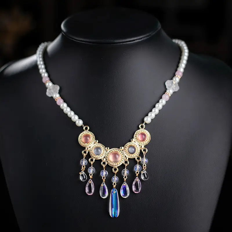 Antique Ming Style Tane Collar Necklace with Pearls & Crystal Dangles