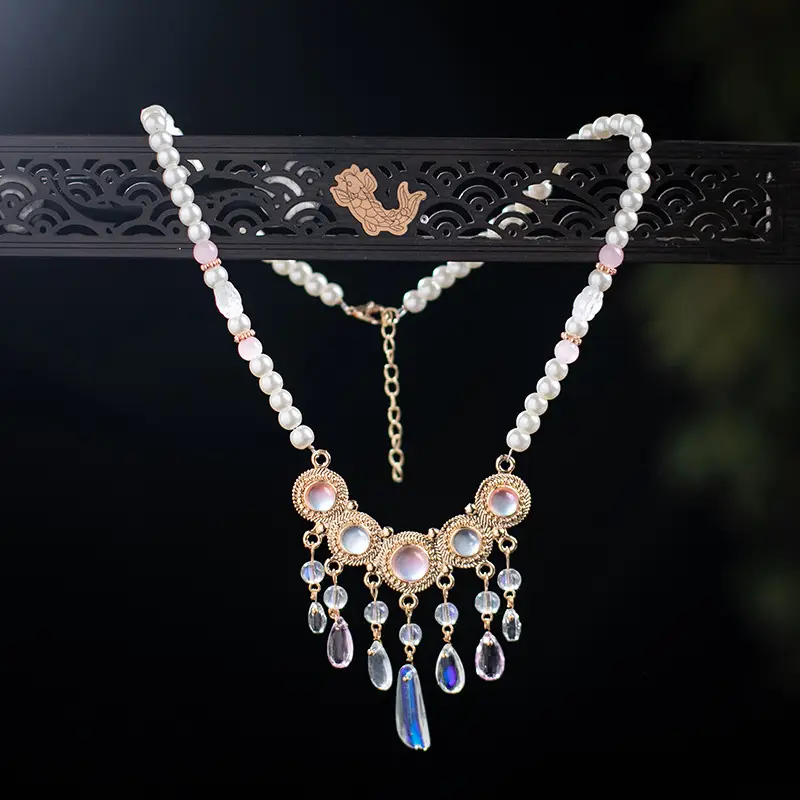 Antique Ming Style Tane Collar Necklace with Pearls & Crystal Dangles