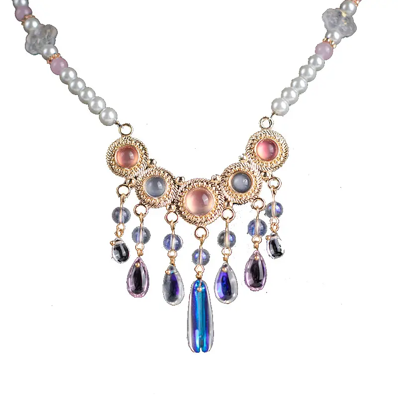 Antique Ming Style Tane Collar Necklace with Pearls & Crystal Dangles