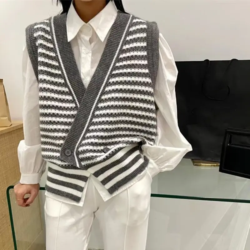 Women's Green Striped Knitted Vest Top Autumn Wear - Image 6