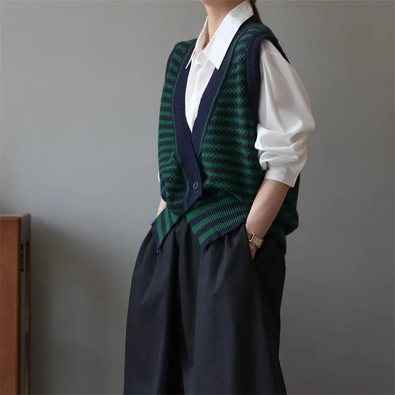 Women's Green Striped Knitted Vest Top Autumn Wear - Image 7