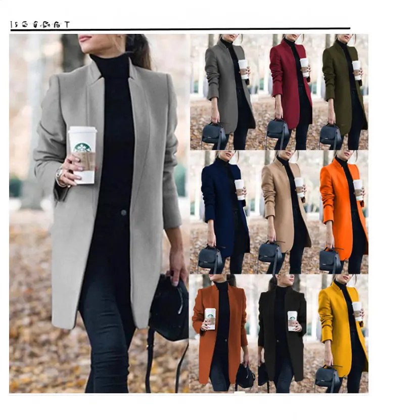Women Woolen Stand-Up Collar Jacket Orange Large - Image 6