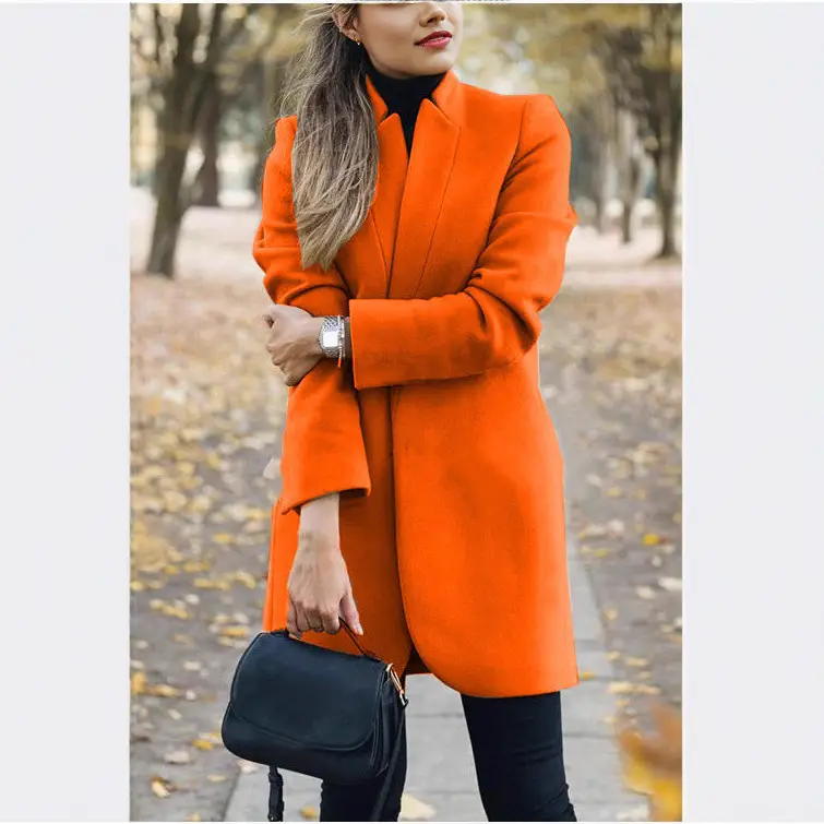 Women Woolen Stand-Up Collar Jacket Orange Large - Image 8
