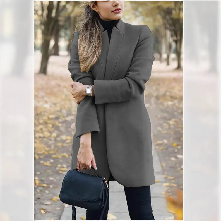 Women Woolen Stand-Up Collar Jacket Orange Large - Image 10