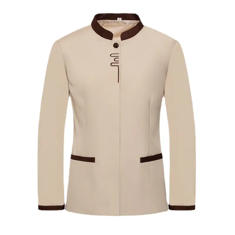 Long Sleeve Men's Shirt Beige with Brown Trim - Image 11