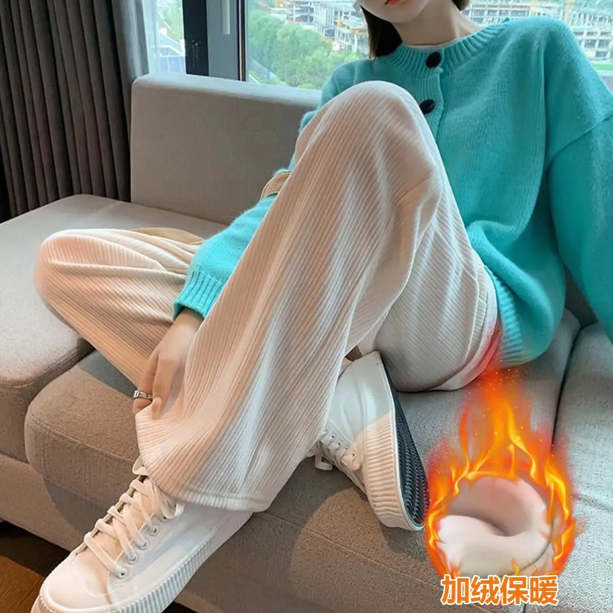 Women Fleece Lined Wide Leg Pants Cream Off White - Image 4
