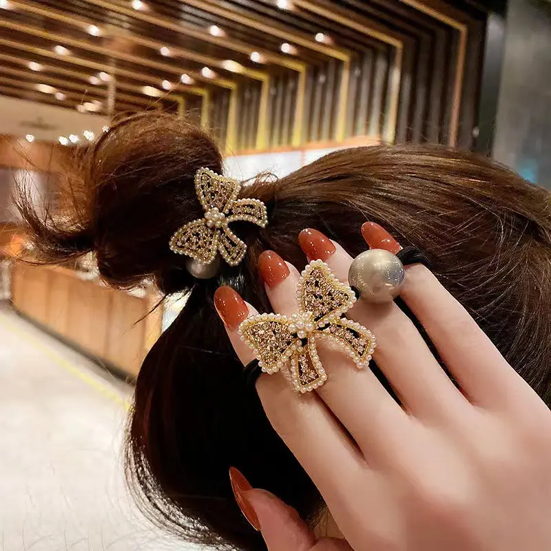 Full Diamond Bow Hair Ring with Pearl Ball - Image 4