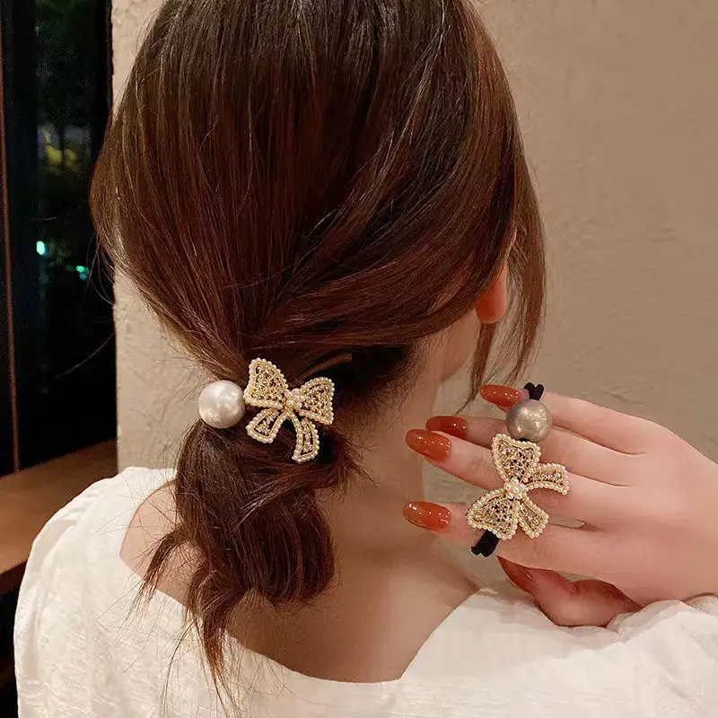 Full Diamond Bow Hair Ring with Pearl Ball - Image 5