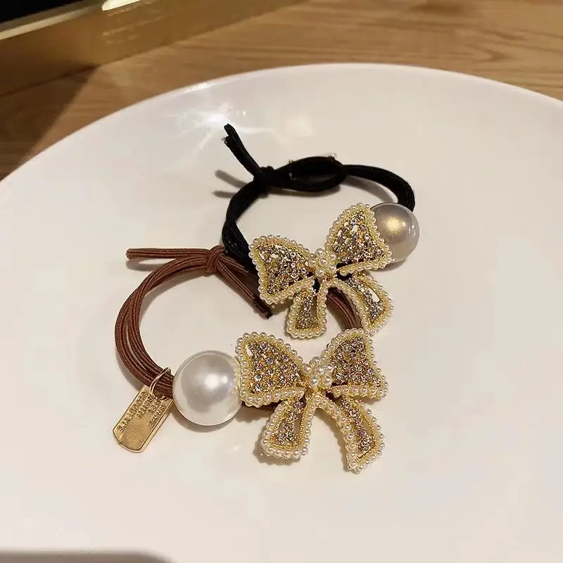 Full Diamond Bow Hair Ring with Pearl Ball - Image 6