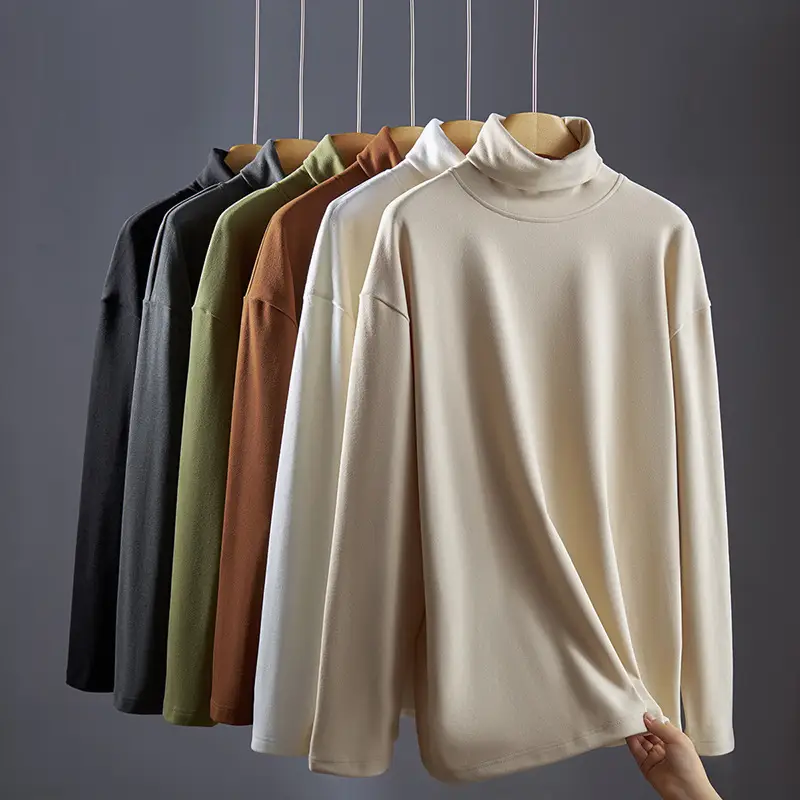 Men Velvet High Neck T-Shirt Olive Green Long Sleeve - Image 8