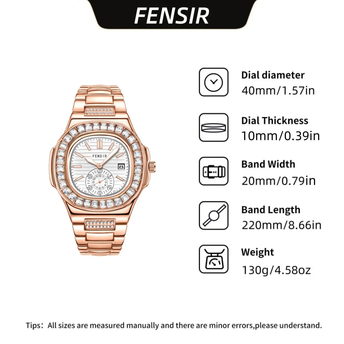 Fensir Cross-Border Diamond Watch Men Rose Gold 40mm