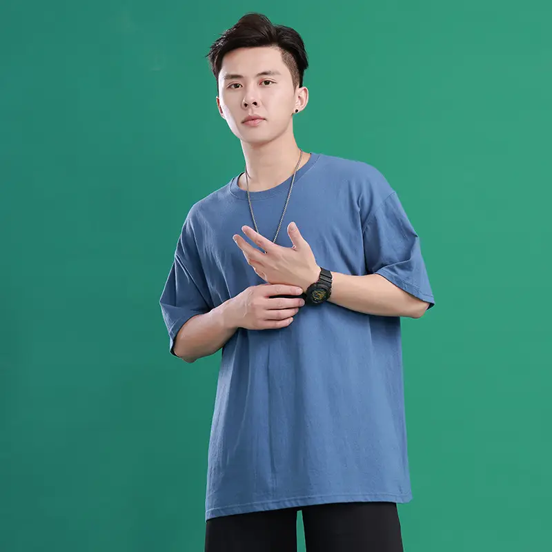 Men Cotton T-Shirt Turquoise Loose Crew Neck - Image 19