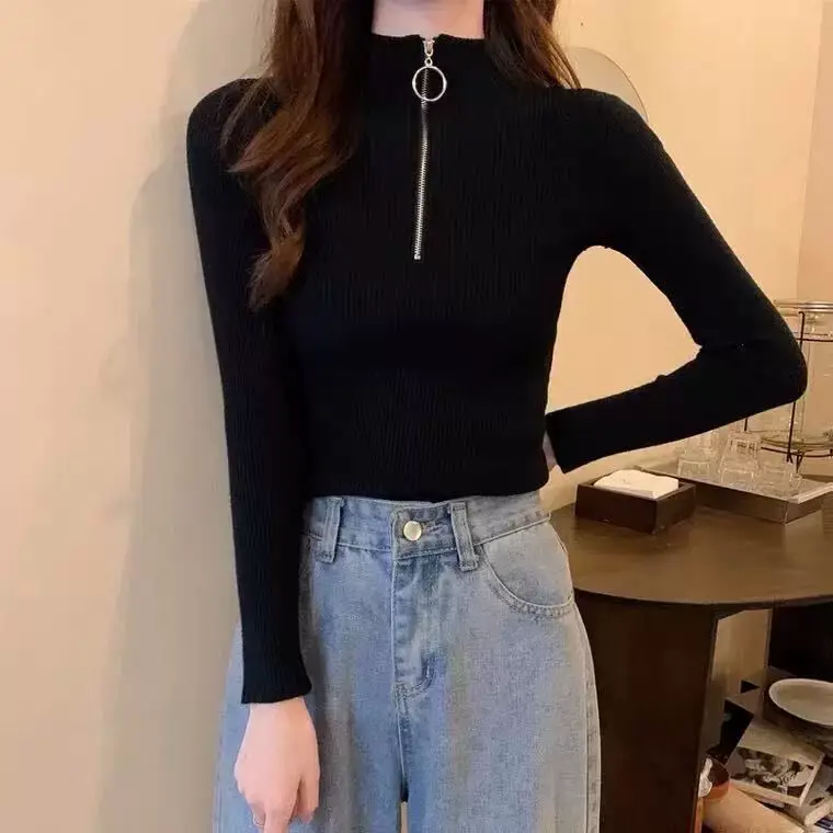 Women's Vintage Zipper Half Collar Blouse Top — feature 10