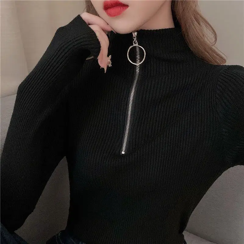 Women's Vintage Zipper Half Collar Blouse Top - Image 2