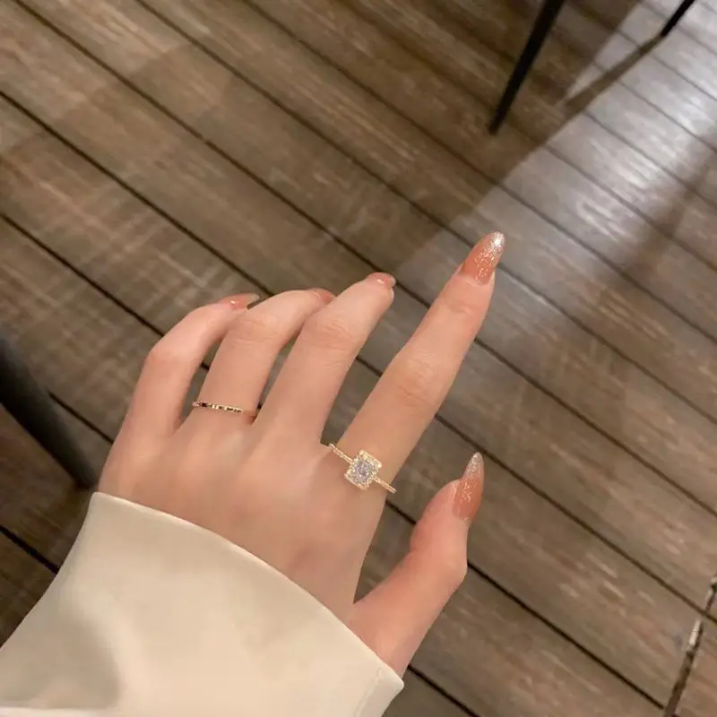 K-Style of Accessible Luxury Zircon Super Flash Ring Ins Niche Design Square Diamond Cold Style Exquisite Ring Opening Adjustable Ring - Image 6