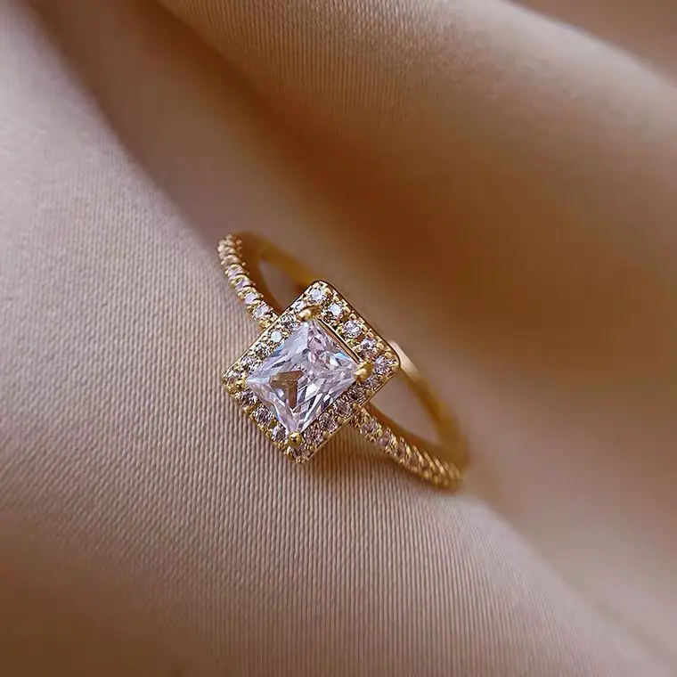 K-Style of Accessible Luxury Zircon Super Flash Ring Ins Niche Design Square Diamond Cold Style Exquisite Ring Opening Adjustable Ring