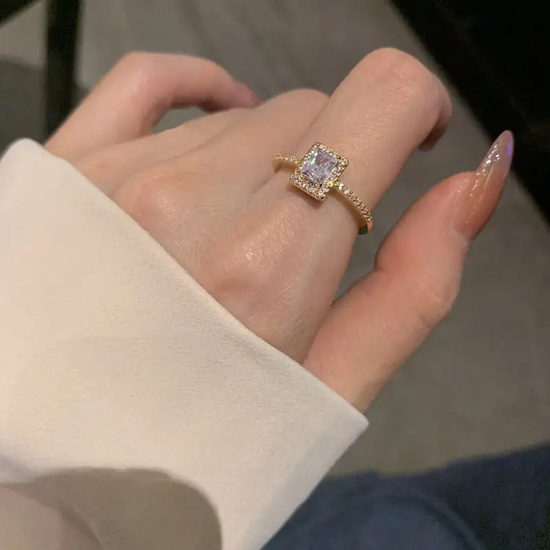 K-Style of Accessible Luxury Zircon Super Flash Ring Ins Niche Design Square Diamond Cold Style Exquisite Ring Opening Adjustable Ring - Image 2