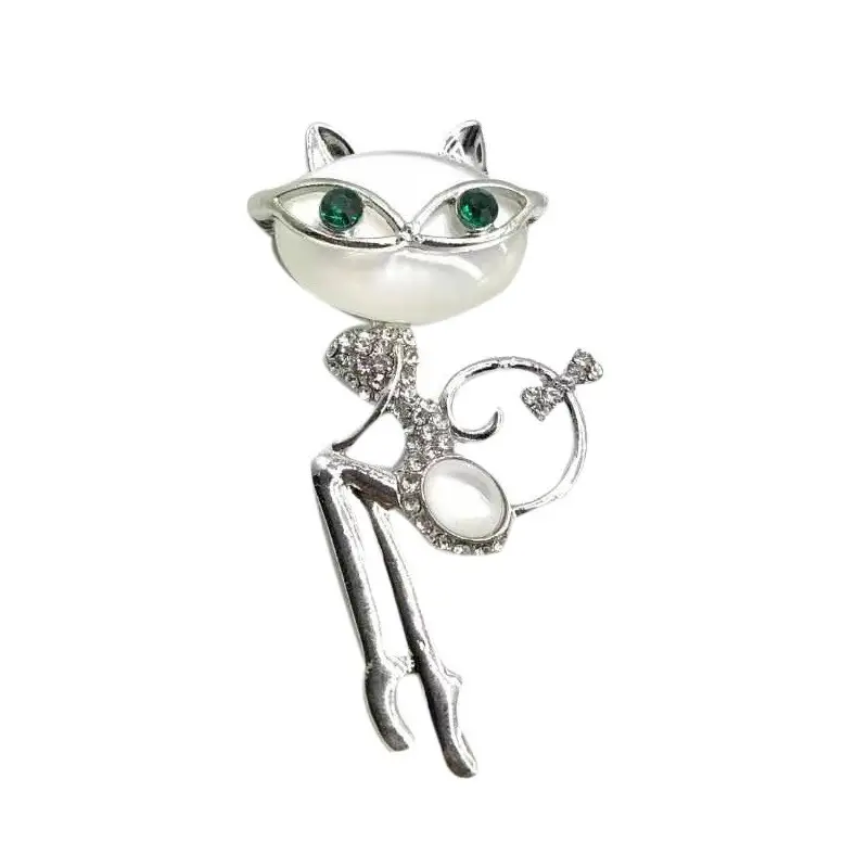 Kitten Eye Stone Brooch with Crystal Design