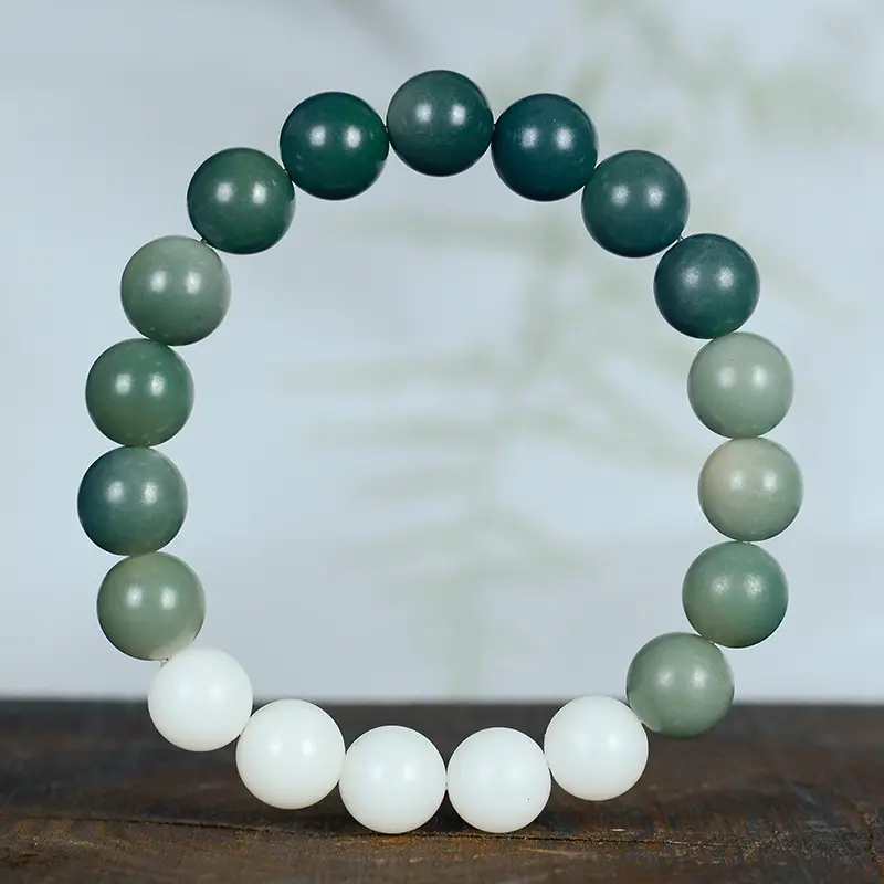 Gradient Green White Jade Bodhi Root Bracelet for Men Women - Image 2