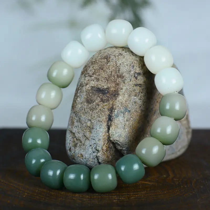 Gradient Green White Jade Bodhi Root Bracelet for Men Women - Image 3