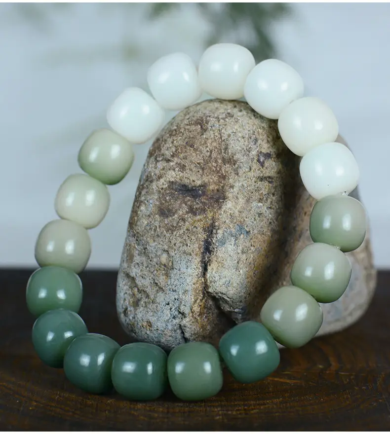 Gradient Green White Jade Bodhi Root Bracelet for Men Women — feature 13