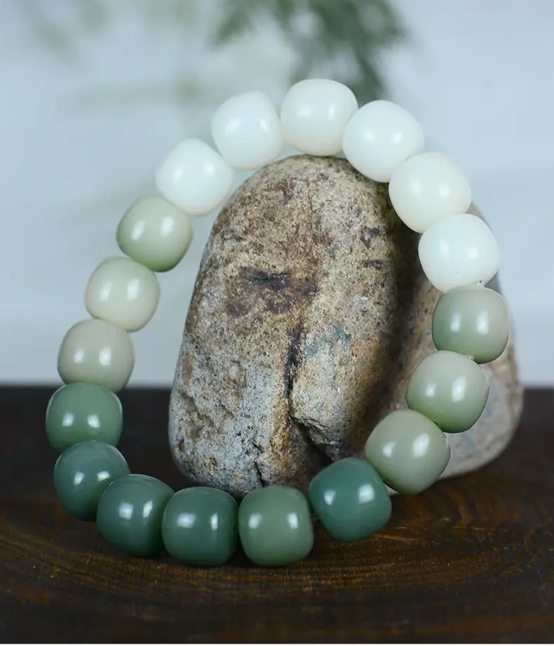 Gradient Green White Jade Bodhi Root Bracelet for Men Women — feature 6