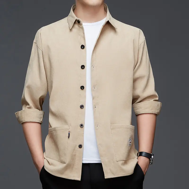 Middle-aged Men Long Sleeve Shirt Blue Corduroy Business Casual - Image 10