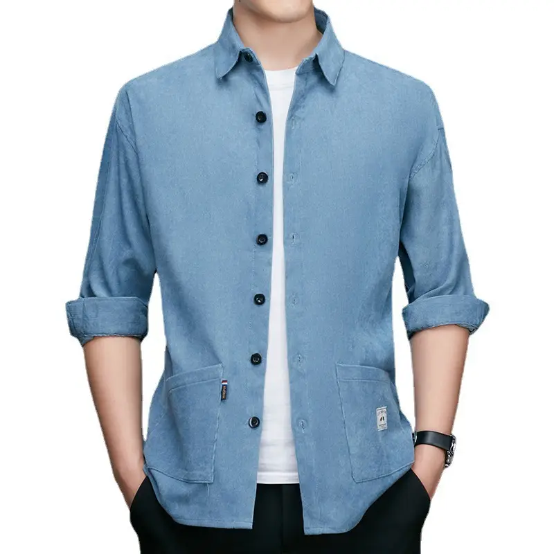 Middle-aged Men Long Sleeve Shirt Blue Corduroy Business Casual - Image 11