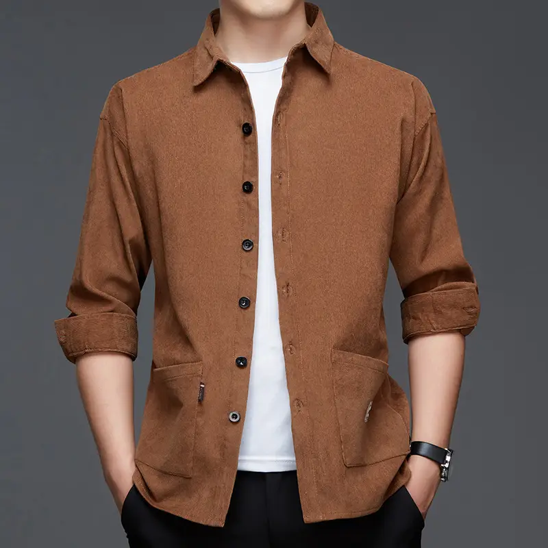 Middle-aged Men Long Sleeve Shirt Blue Corduroy Business Casual - Image 2