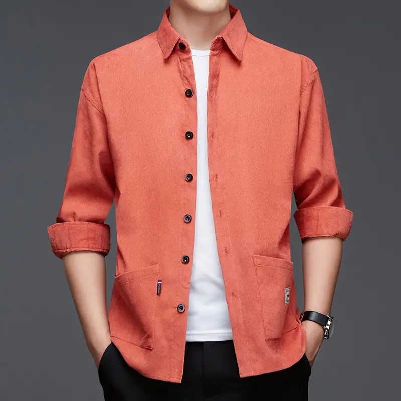 Middle-aged Men Long Sleeve Shirt Blue Corduroy Business Casual - Image 3