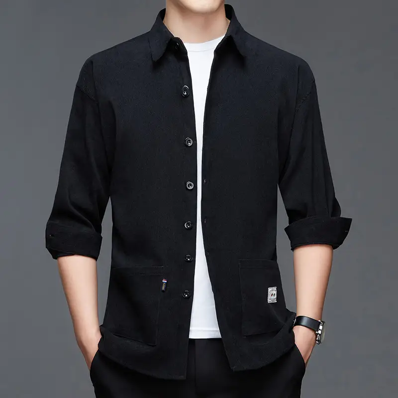 Middle-aged Men Long Sleeve Shirt Blue Corduroy Business Casual - Image 4